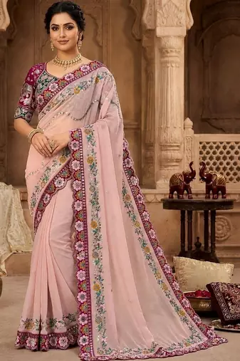 floral mirror work pure georgette designer saree with blouse 