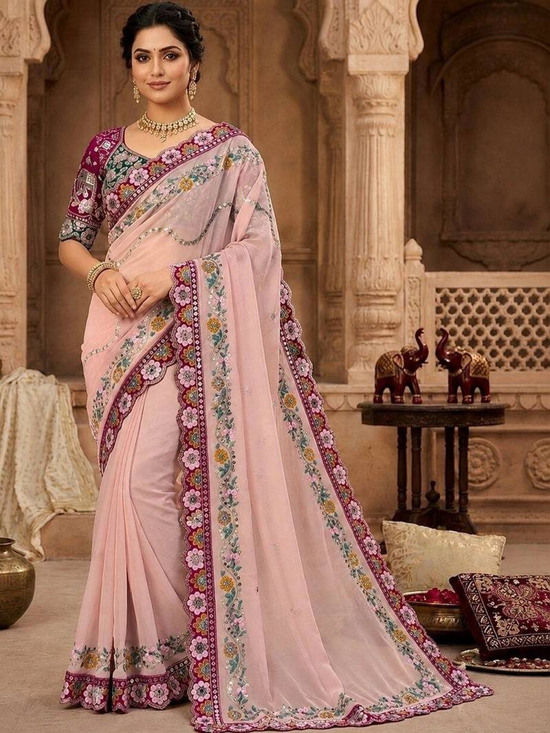 floral mirror work pure georgette designer saree with blouse 
