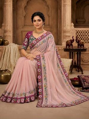 floral mirror work pure georgette designer saree with blouse  3