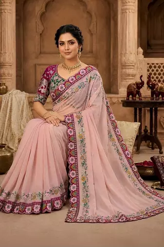 floral mirror work pure georgette designer saree with blouse 