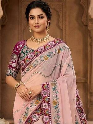 floral mirror work pure georgette designer saree with blouse  4