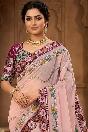 floral mirror work pure georgette designer saree with blouse 