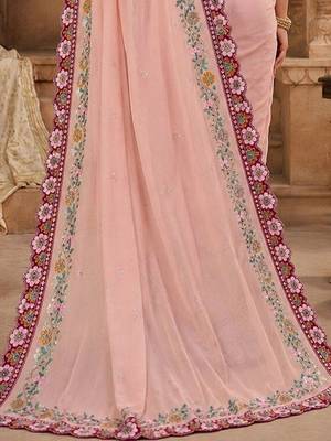 floral mirror work pure georgette designer saree with blouse  6