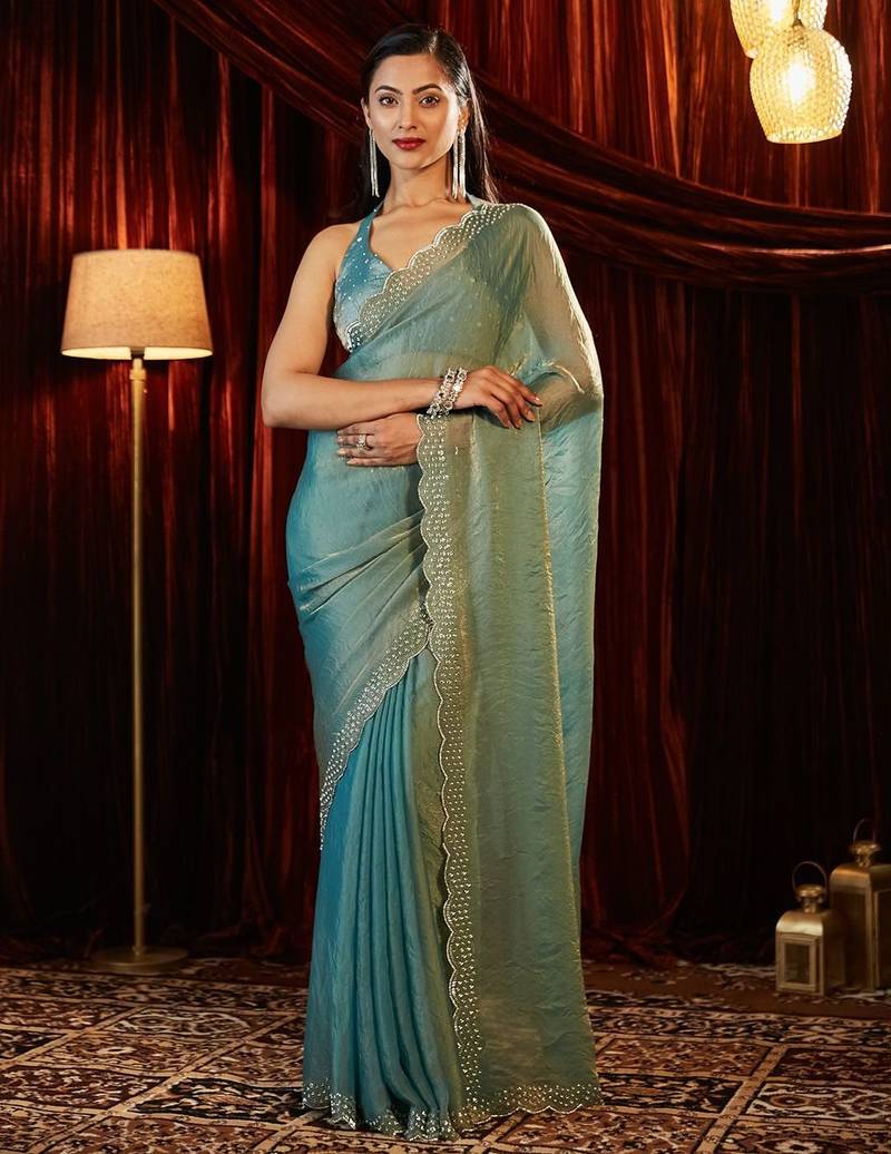 embellished beads and stones designer saree with blouse 