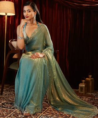 embellished beads and stones designer saree with blouse  5