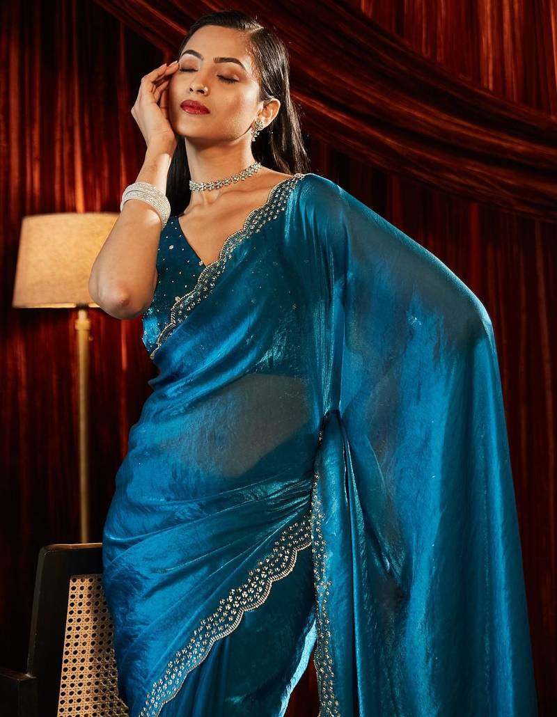 beads and stones embellished saree with blouse piece with blouse  