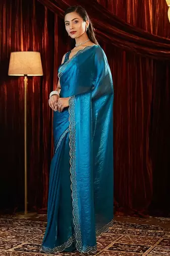 beads and stones embellished saree with blouse piece with blouse  