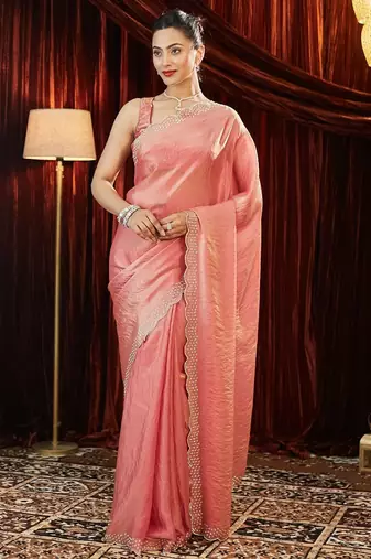 embellished beads and stones silk blend saree with blouse 