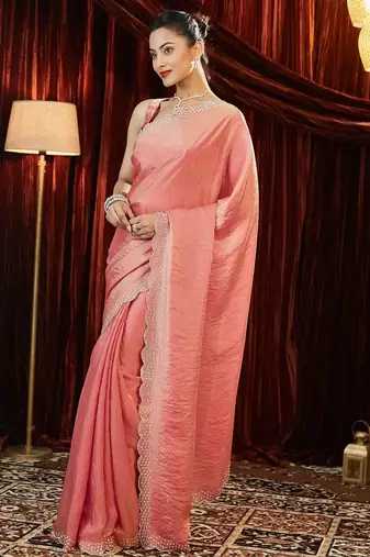 embellished beads and stones silk blend saree with blouse 