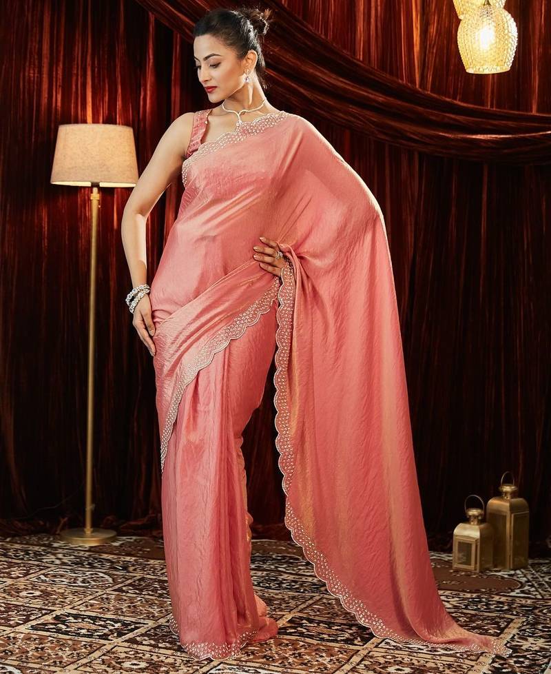 embellished beads and stones silk blend saree with blouse 