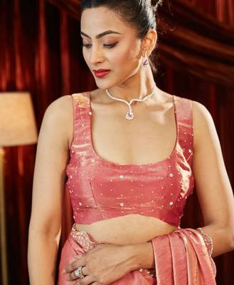 embellished beads and stones silk blend saree with blouse  7