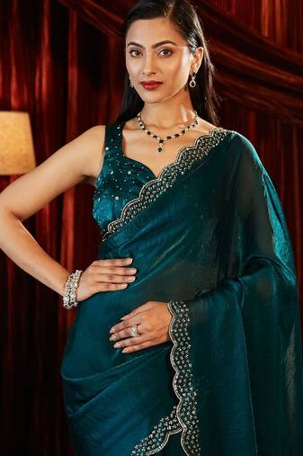 embellished beads and stones silk blend designer saree with blouse 