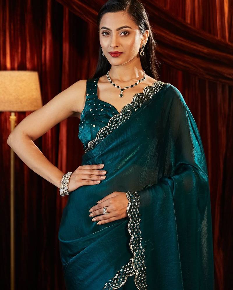 embellished beads and stones silk blend designer saree with blouse 