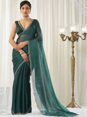 checked beads and stones art silk heavy work saree with blouse  2