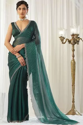 checked beads and stones art silk heavy work saree with blouse 