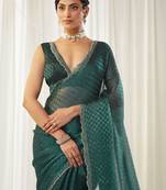 checked beads and stones art silk heavy work saree with blouse 