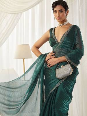 checked beads and stones art silk heavy work saree with blouse  3