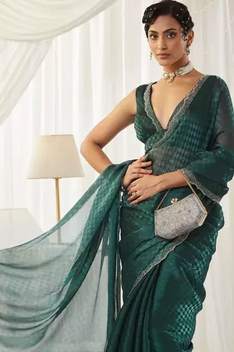 checked beads and stones art silk heavy work saree with blouse 