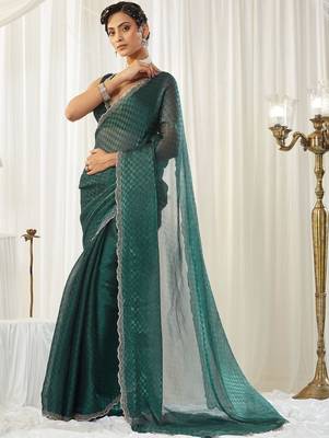 checked beads and stones art silk heavy work saree with blouse  4