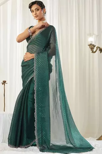 checked beads and stones art silk heavy work saree with blouse 