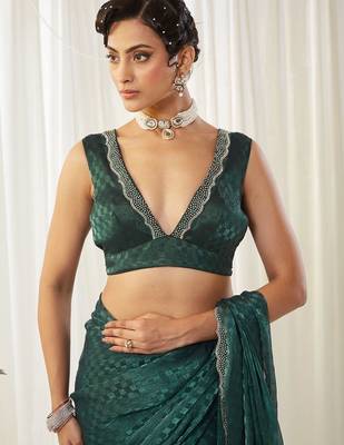 checked beads and stones art silk heavy work saree with blouse  5
