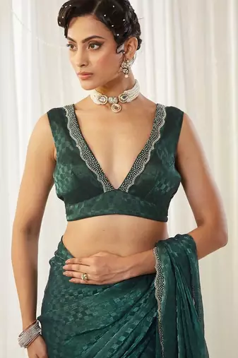 checked beads and stones art silk heavy work saree with blouse 