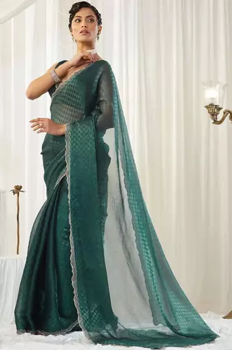 checked beads and stones art silk heavy work saree with blouse 