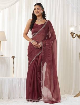 checked beads and stones art silk heavy work saree with blouse  2