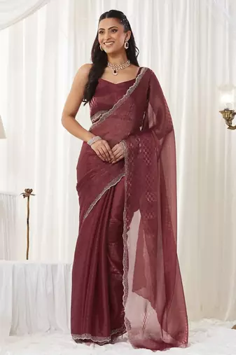 checked beads and stones art silk heavy work saree with blouse 