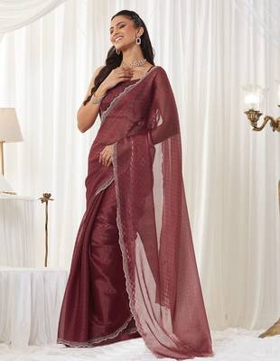 checked beads and stones art silk heavy work saree with blouse  3