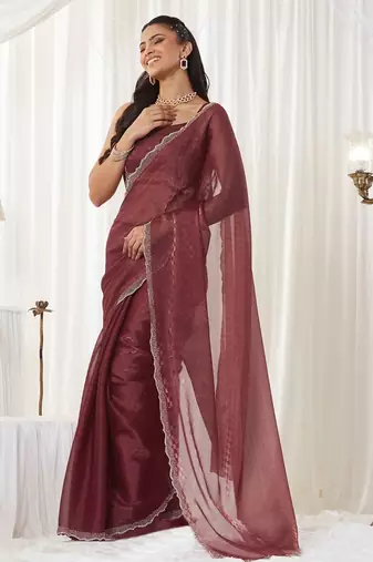 checked beads and stones art silk heavy work saree with blouse 