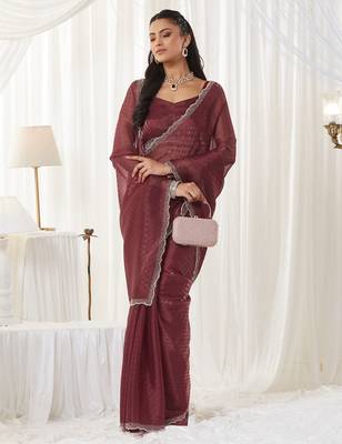 checked beads and stones art silk heavy work saree with blouse  5