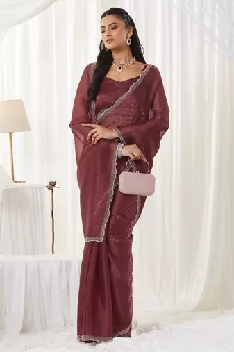 checked beads and stones art silk heavy work saree with blouse 