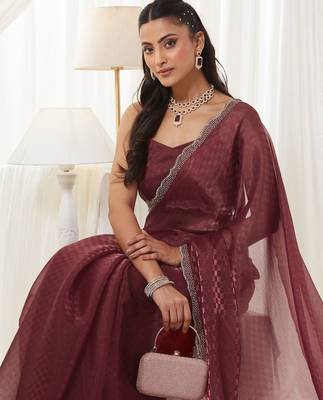 checked beads and stones art silk heavy work saree with blouse  6