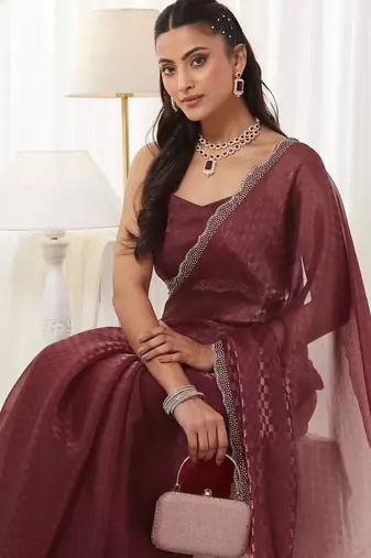 checked beads and stones art silk heavy work saree with blouse 