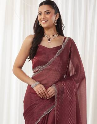 checked beads and stones art silk heavy work saree with blouse  1