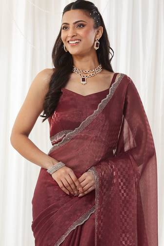 checked beads and stones art silk heavy work saree with blouse 