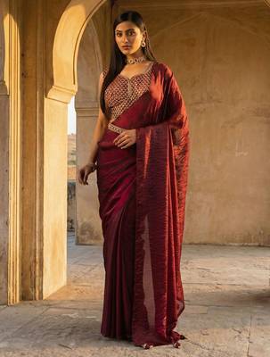 embroidered satin heavy work saree with blouse  2