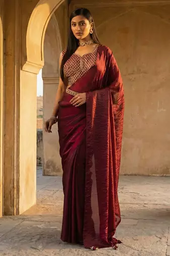 embroidered satin heavy work saree with blouse 