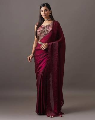 embroidered satin heavy work saree with blouse  3