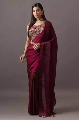 embroidered satin heavy work saree with blouse 