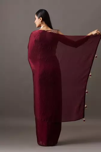 embroidered satin heavy work saree with blouse 