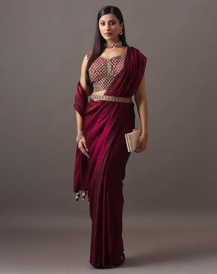 embroidered satin heavy work saree with blouse  5