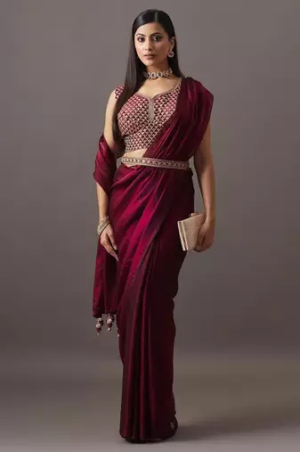 embroidered satin heavy work saree with blouse 