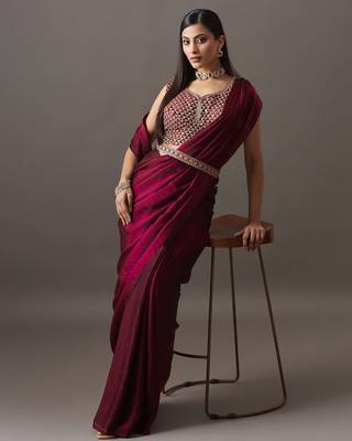 embroidered satin heavy work saree with blouse  6