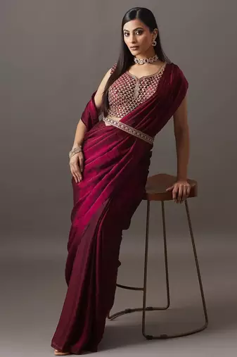 embroidered satin heavy work saree with blouse 
