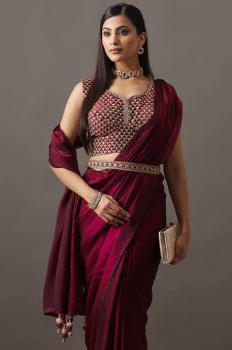 embroidered satin heavy work saree with blouse 