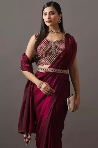 embroidered satin heavy work saree with blouse 