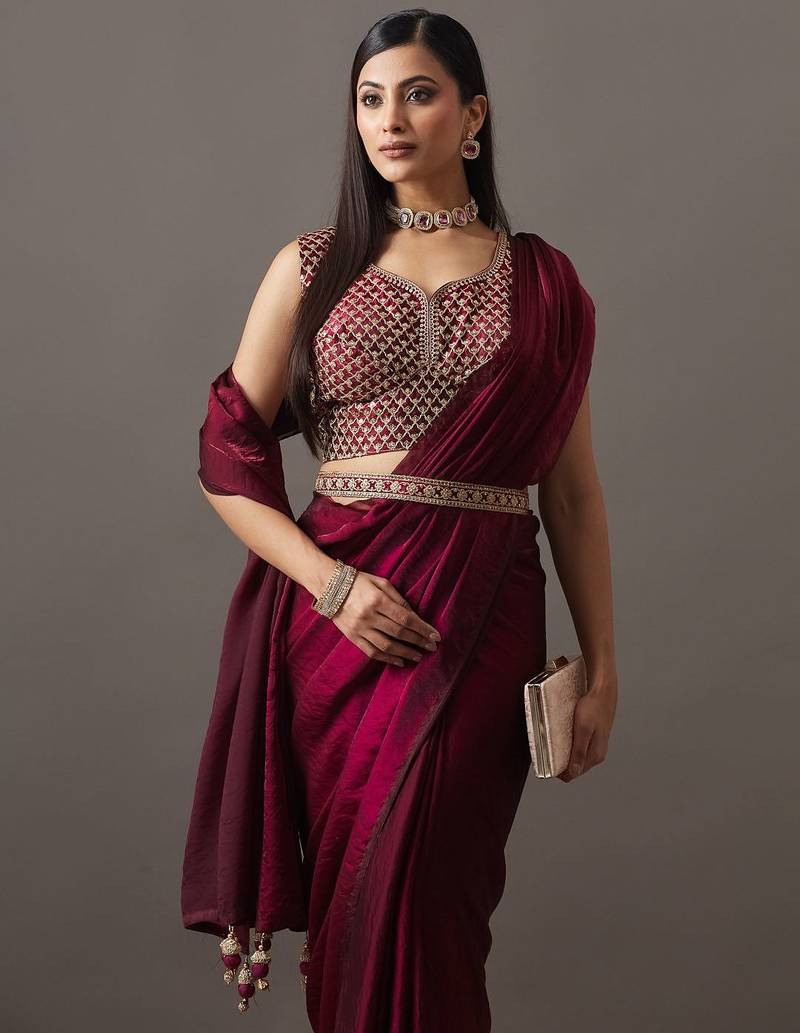 embroidered satin heavy work saree with blouse 