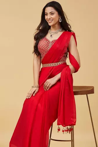 embroidered satin designer saree with blouse 